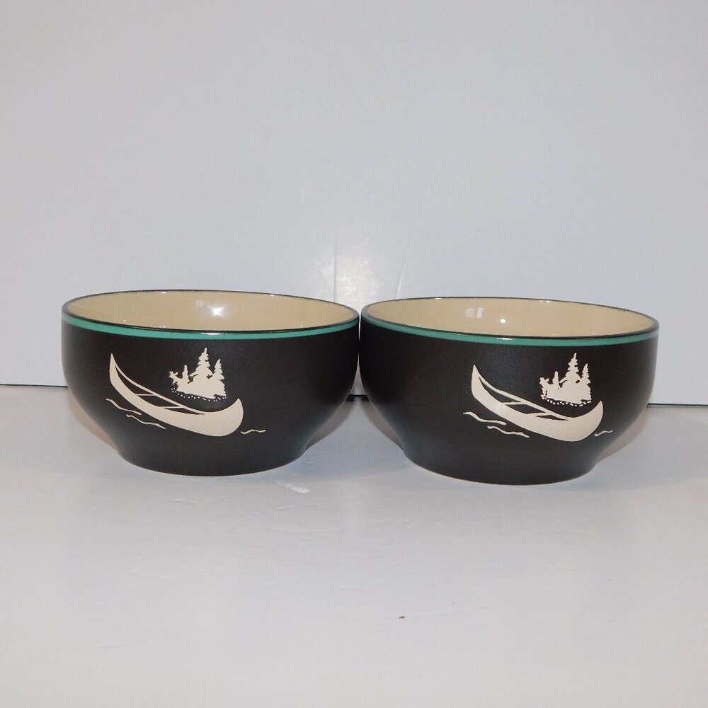 Set 2 Bass Pro Shops Canoe Soup Cereal Bowls Brown Cream Teal Stoneware